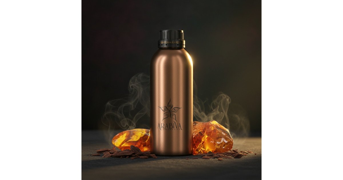 An elegant bottle of oud perfume surrounded by natural elements.