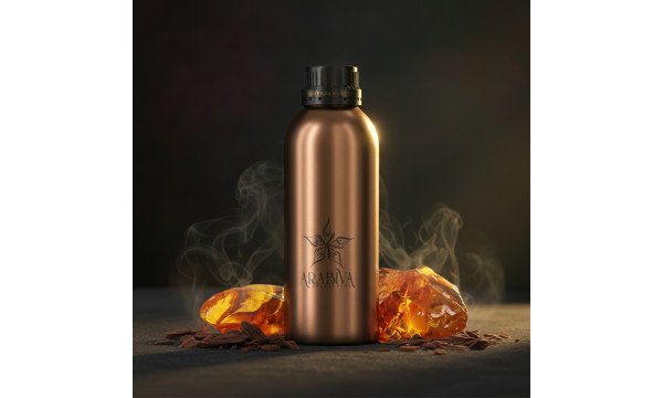 An elegant bottle of oud perfume surrounded by natural elements.