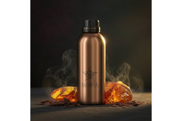An elegant bottle of oud perfume surrounded by natural elements.
